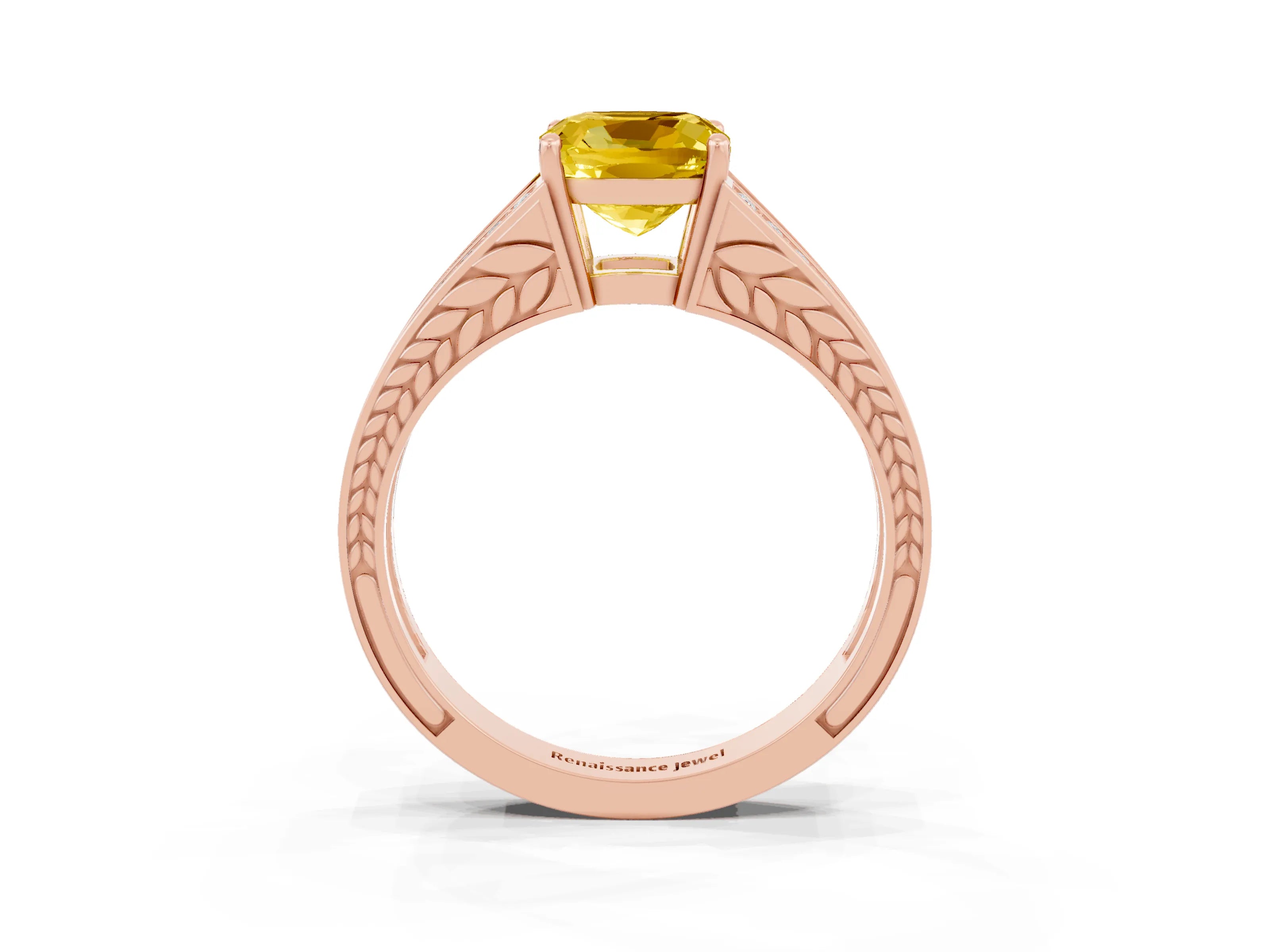 Rose gold Cushion Cut Yellow Sapphire Split Shank Ring with Pavé Band and Four-Prong Setting_3