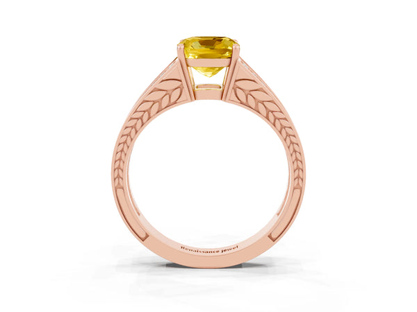 Rose gold Cushion Cut Yellow Sapphire Split Shank Ring with Pavé Band and Four-Prong Setting