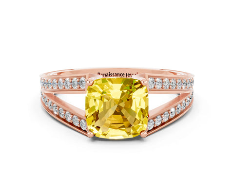 Rose gold Cushion Cut Yellow Sapphire Split Shank Ring with Pavé Band and Four-Prong Setting