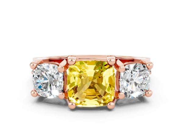 Rose gold Cushion Cut Yellow Sapphire Three-Stone Ring with Channel Set Band and Four-Prong Setting