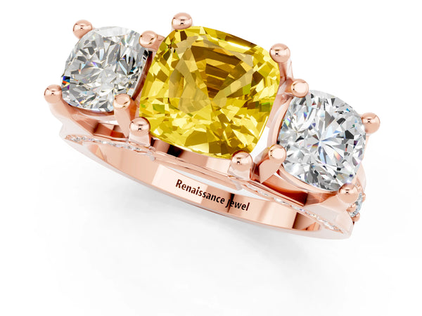 Rose gold Cushion Cut Yellow Sapphire Three-Stone Ring with Channel Set Band and Four-Prong Setting