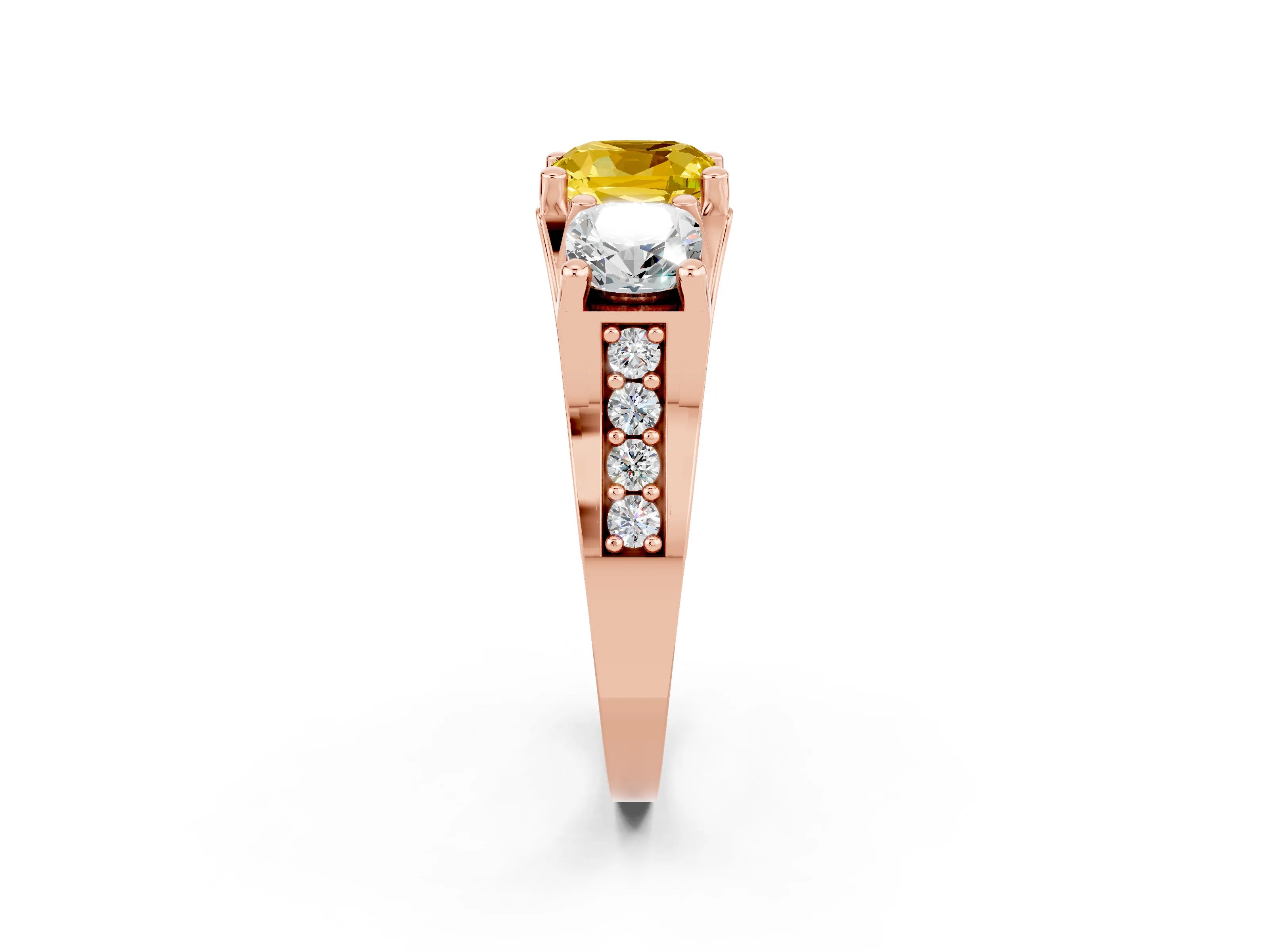 Rose gold Cushion Cut Yellow Sapphire Three-Stone Ring with Channel Set Band and Four-Prong Setting_2
