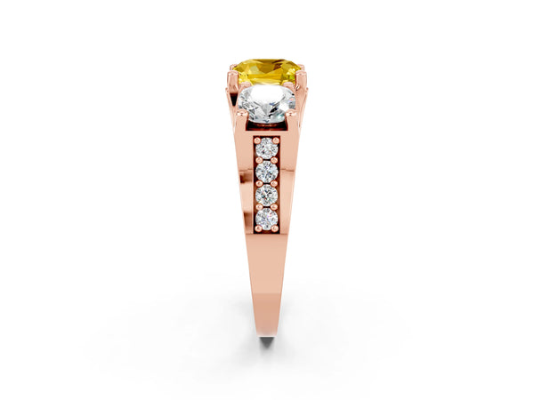 Rose gold Cushion Cut Yellow Sapphire Three-Stone Ring with Channel Set Band and Four-Prong Setting