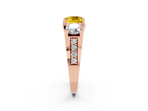 Rose gold Cushion Cut Yellow Sapphire Three-Stone Ring with Channel Set Band and Four-Prong Setting_2