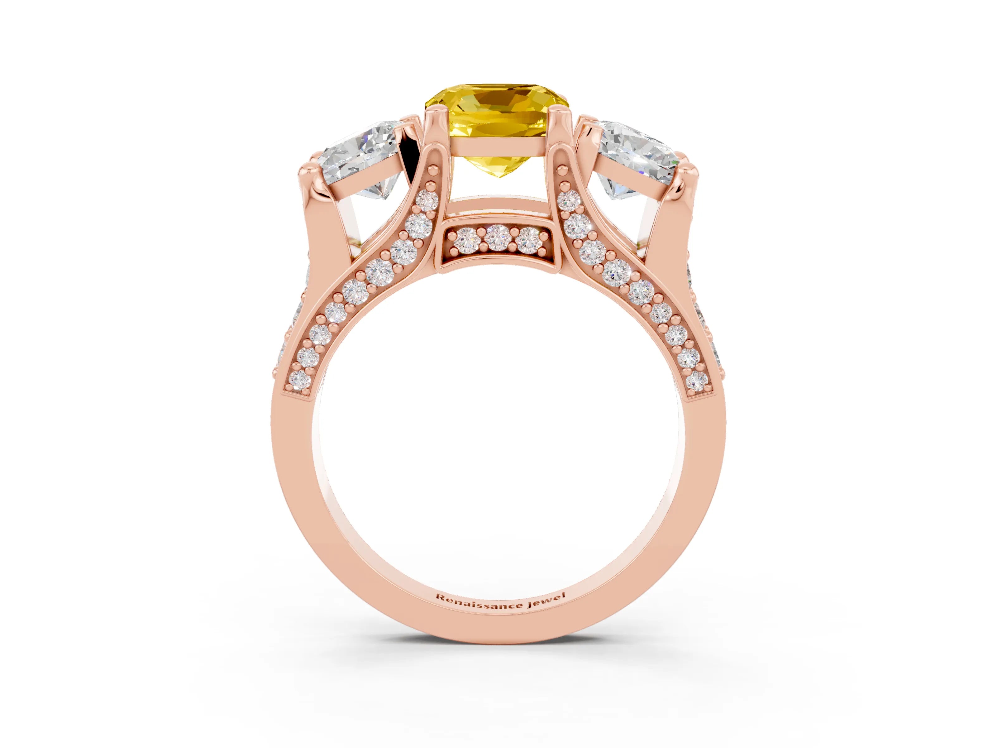Rose gold Cushion Cut Yellow Sapphire Three-Stone Ring with Channel Set Band and Four-Prong Setting_3