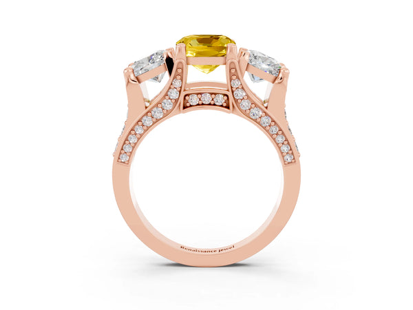 Rose gold Cushion Cut Yellow Sapphire Three-Stone Ring with Channel Set Band and Four-Prong Setting