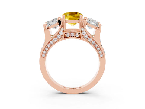 Rose gold Cushion Cut Yellow Sapphire Three-Stone Ring with Channel Set Band and Four-Prong Setting_3