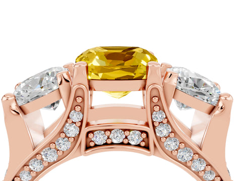 Rose gold Cushion Cut Yellow Sapphire Three-Stone Ring with Channel Set Band and Four-Prong Setting_4