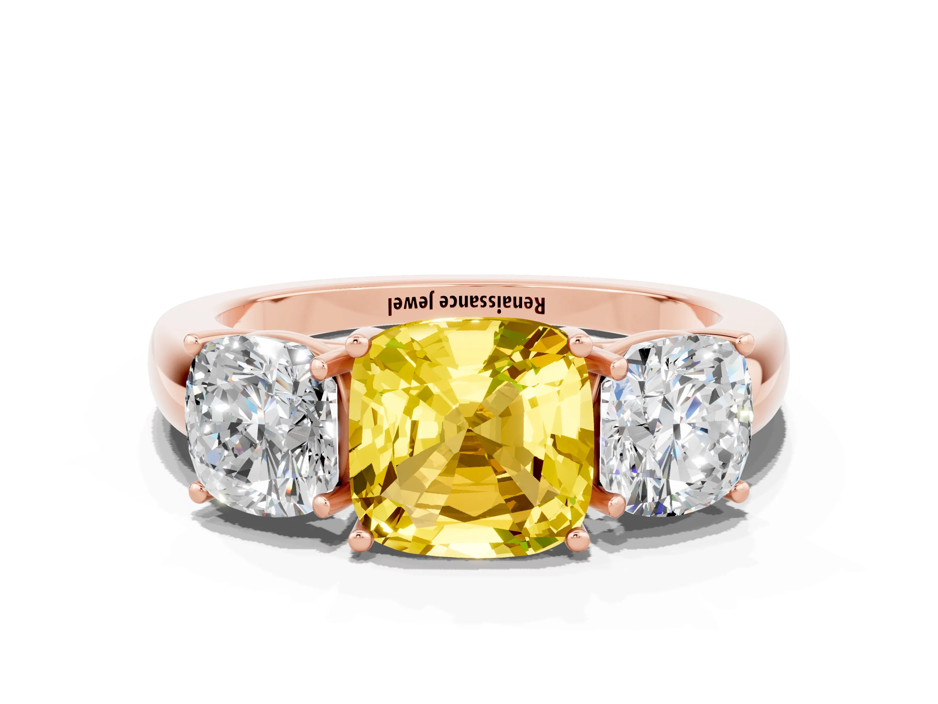 Rose gold Cushion Cut Yellow Sapphire Three-Stone Ring with Four-Prong Setting and Classic Band