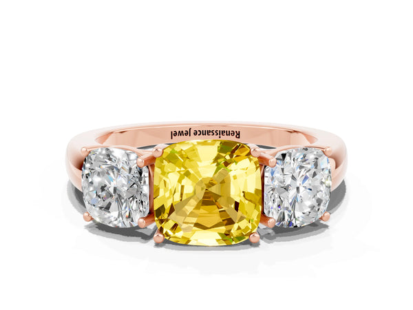 Rose gold Cushion Cut Yellow Sapphire Three-Stone Ring with Four-Prong Setting and Classic Band