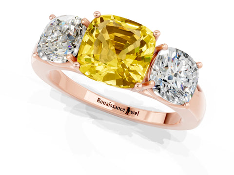 Rose gold Cushion Cut Yellow Sapphire Three-Stone Ring with Four-Prong Setting and Classic Band_1