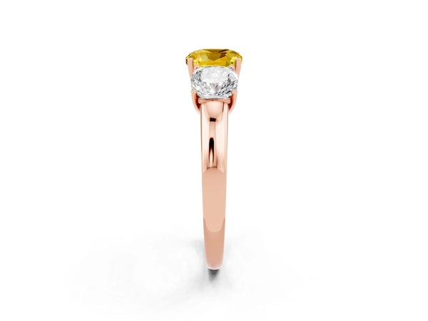 Rose gold Cushion Cut Yellow Sapphire Three-Stone Ring with Four-Prong Setting and Classic Band