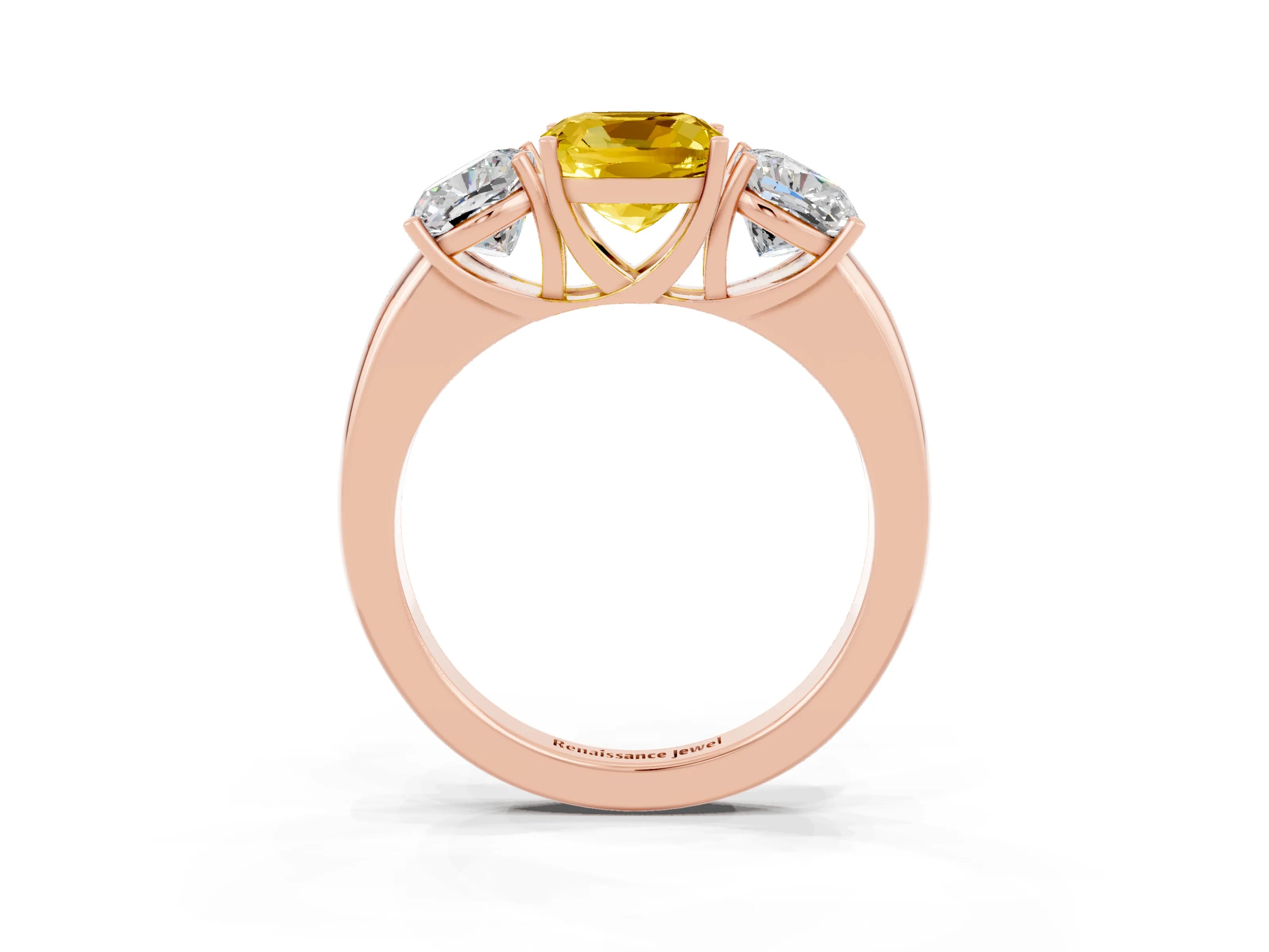 Rose gold Cushion Cut Yellow Sapphire Three-Stone Ring with Four-Prong Setting and Classic Band_3
