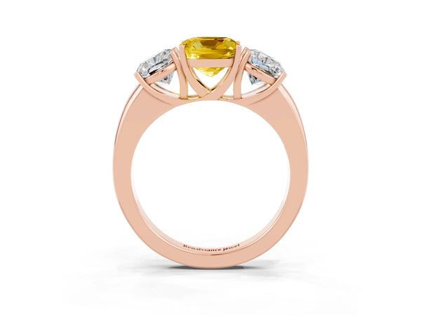 Rose gold Cushion Cut Yellow Sapphire Three-Stone Ring with Four-Prong Setting and Classic Band