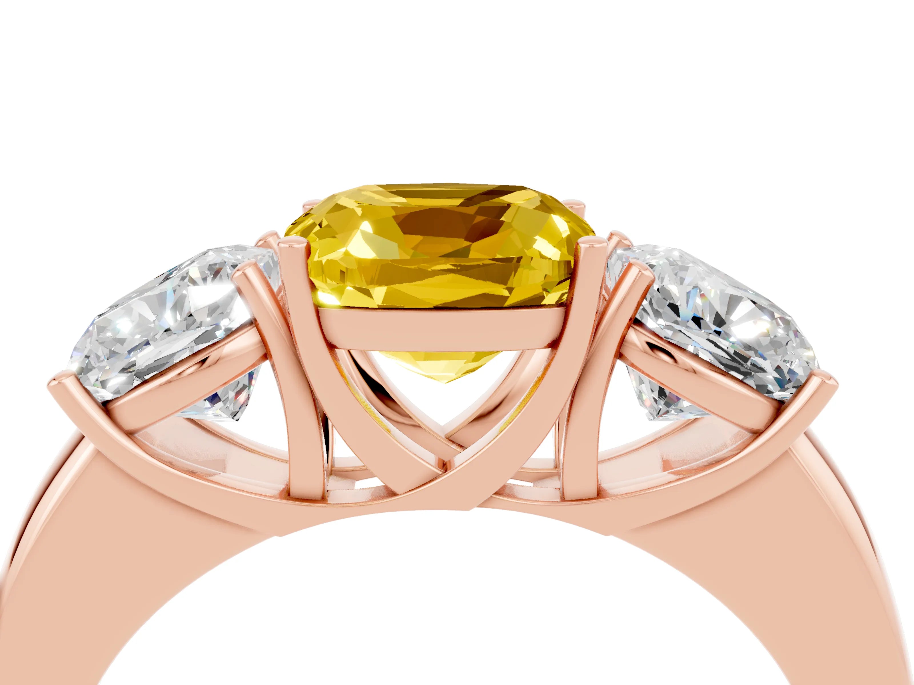 Rose gold Cushion Cut Yellow Sapphire Three-Stone Ring with Four-Prong Setting and Classic Band_4