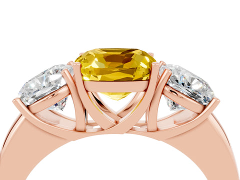 Rose gold Cushion Cut Yellow Sapphire Three-Stone Ring with Four-Prong Setting and Classic Band_4