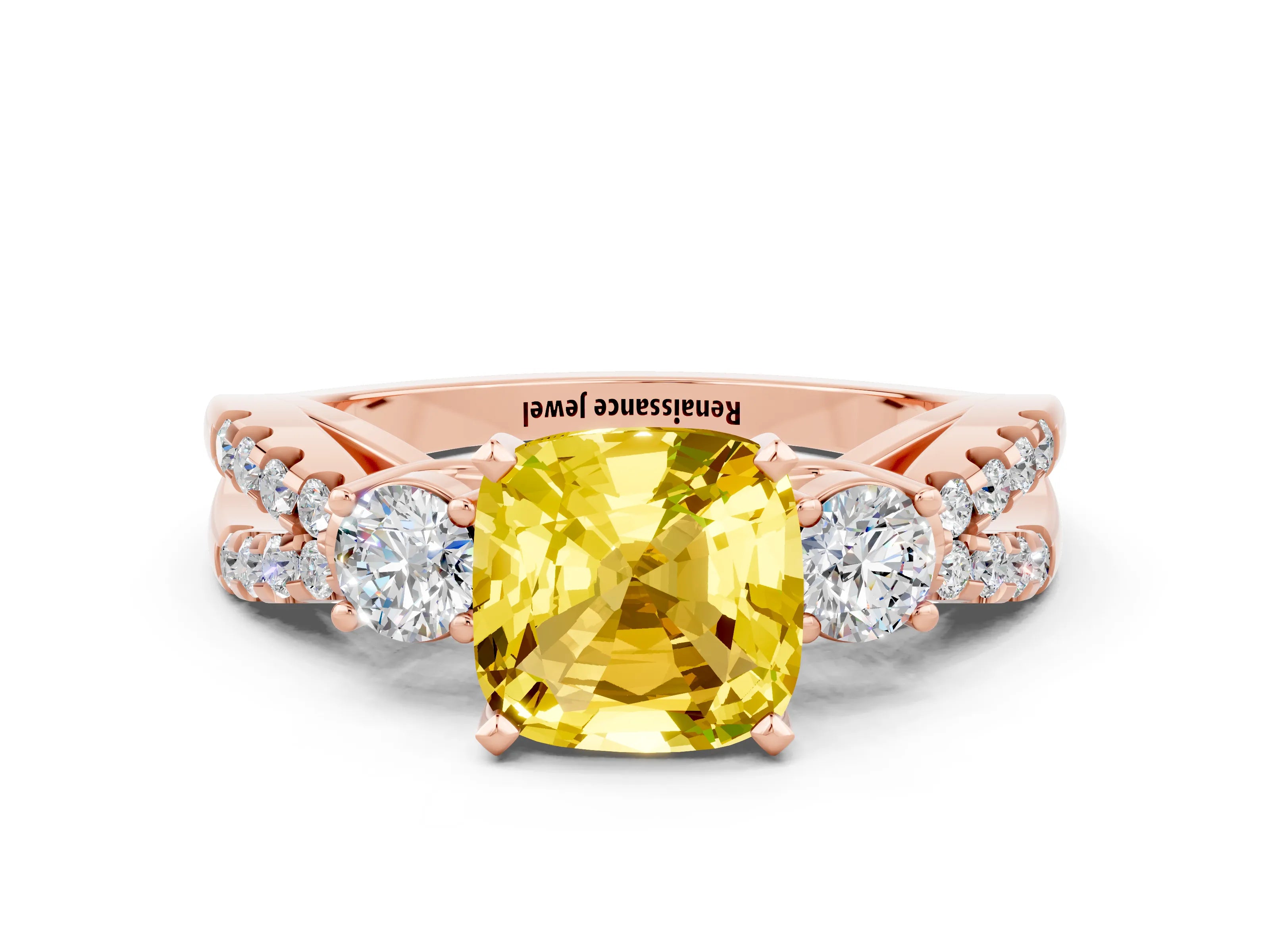 Rose gold Cushion Cut Yellow Sapphire Three-Stone Ring with Pavé Split Shank and Four-Prong Setting_36