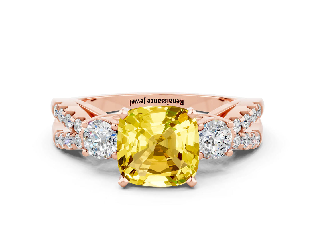 Rose gold Cushion Cut Yellow Sapphire Three-Stone Ring with Pavé Split Shank and Four-Prong Setting_36