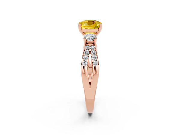 Rose gold Cushion Cut Yellow Sapphire Three-Stone Ring with Pavé Split Shank and Four-Prong Setting