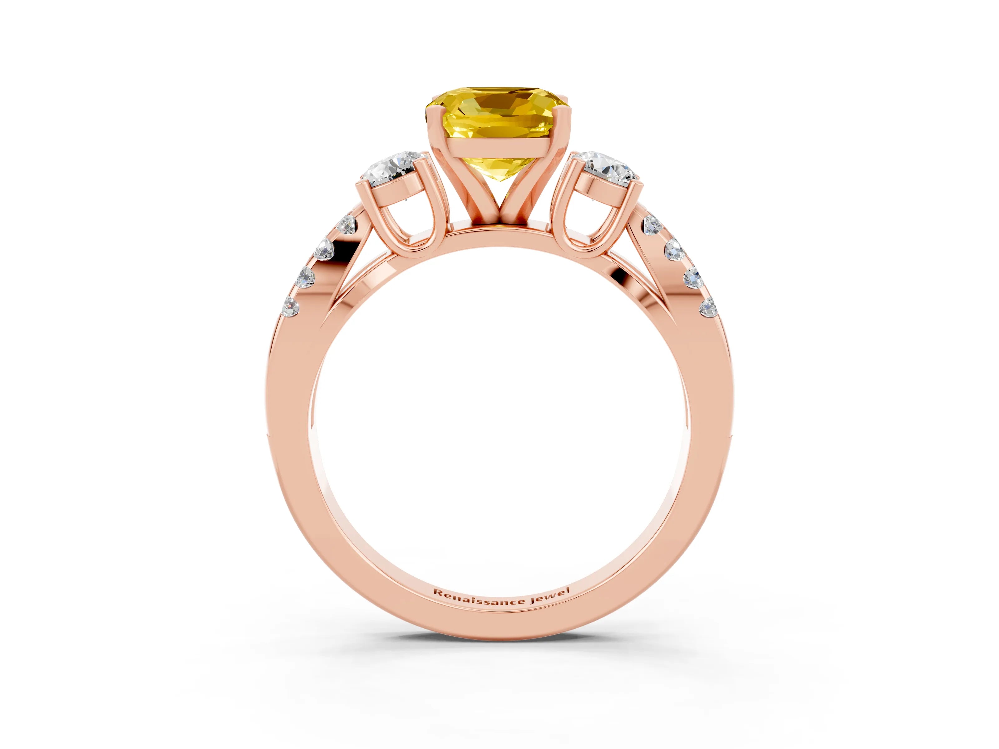 Rose gold Cushion Cut Yellow Sapphire Three-Stone Ring with Pavé Split Shank and Four-Prong Setting_39