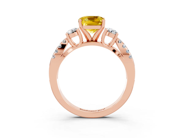 Rose gold Cushion Cut Yellow Sapphire Three-Stone Ring with Pavé Split Shank and Four-Prong Setting