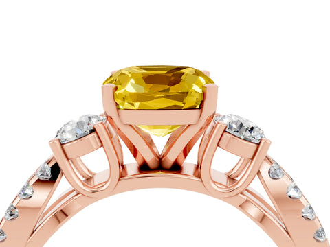Rose gold Cushion Cut Yellow Sapphire Three-Stone Ring with Pavé Split Shank and Four-Prong Setting_40