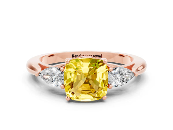 Rose gold Cushion Cut Yellow Sapphire Three-Stone Ring with Pear  Side Stones and Prong Setting