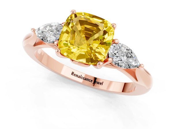 Rose gold Cushion Cut Yellow Sapphire Three-Stone Ring with Pear  Side Stones and Prong Setting