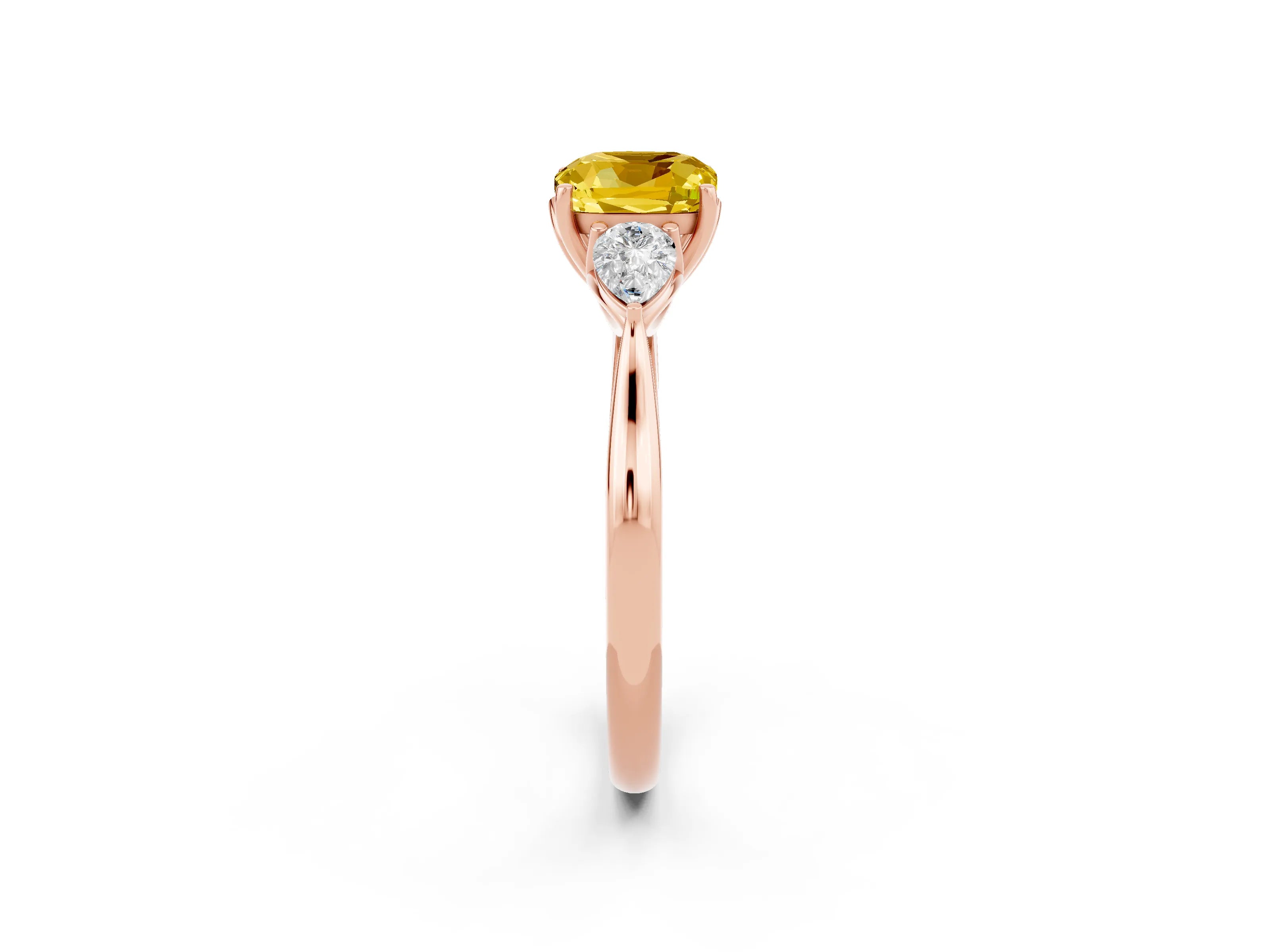 Rose gold Cushion Cut Yellow Sapphire Three-Stone Ring with Pear Side Stones and Four-Prong Setting_14