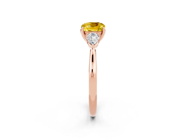 Rose gold Cushion Cut Yellow Sapphire Three-Stone Ring with Pear  Side Stones and Prong Setting