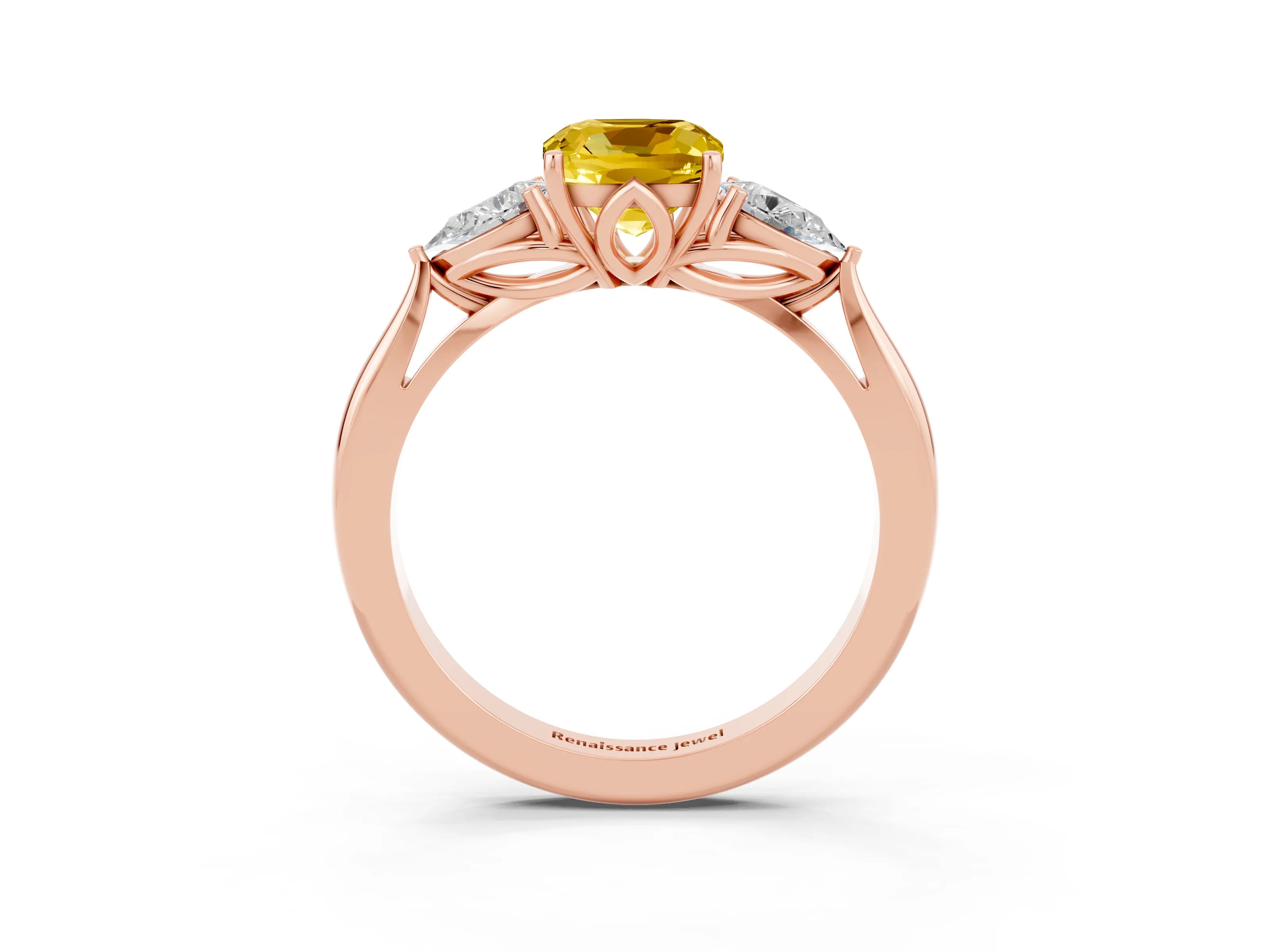 Rose gold Cushion Cut Yellow Sapphire Three-Stone Ring with Pear Side Stones and Four-Prong Setting_15