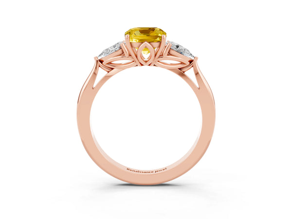 Rose gold Cushion Cut Yellow Sapphire Three-Stone Ring with Pear  Side Stones and Prong Setting