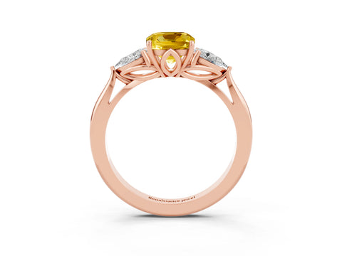 Rose gold Cushion Cut Yellow Sapphire Three-Stone Ring with Pear Side Stones and Four-Prong Setting_15