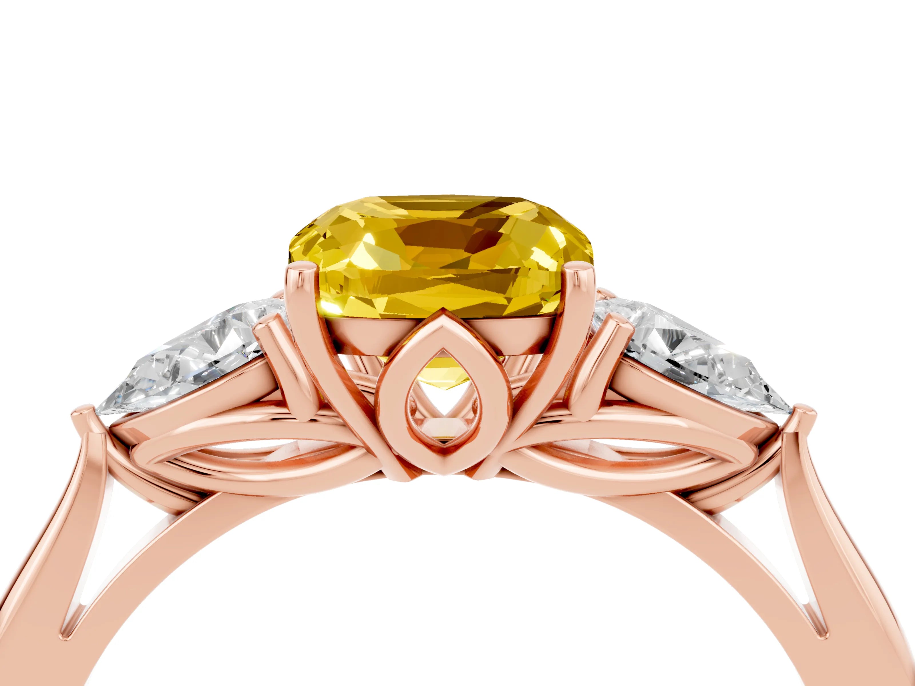 Rose gold Cushion Cut Yellow Sapphire Three-Stone Ring with Pear Side Stones and Four-Prong Setting_16