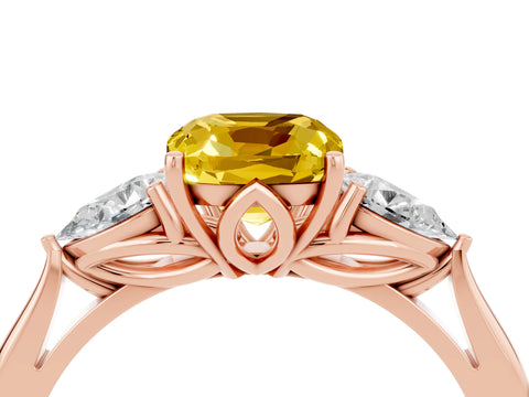 Rose gold Cushion Cut Yellow Sapphire Three-Stone Ring with Pear Side Stones and Four-Prong Setting_16