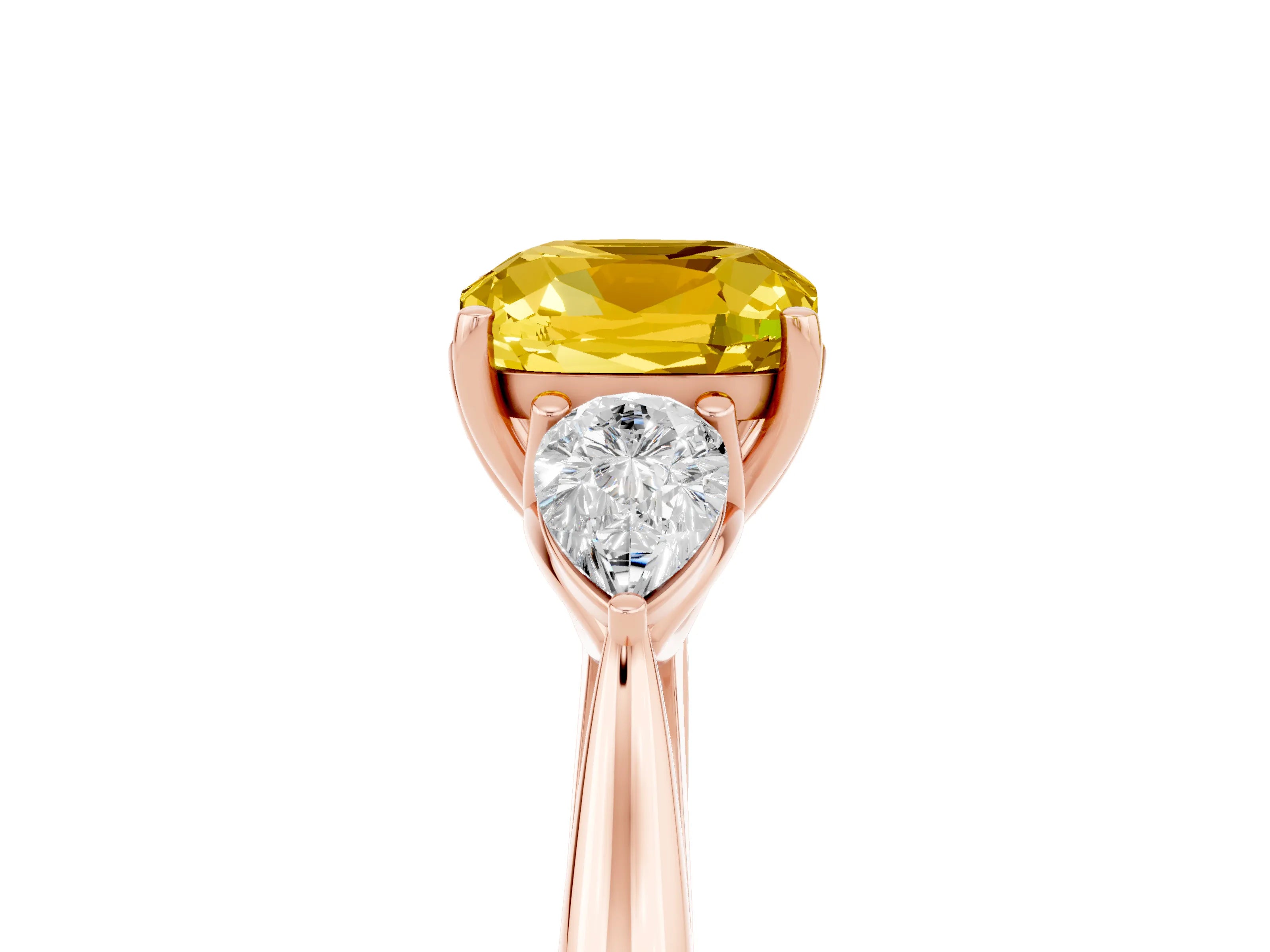 Rose gold Cushion Cut Yellow Sapphire Three-Stone Ring with Pear Side Stones and Four-Prong Setting_17