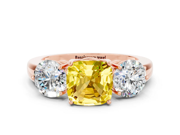 Rose gold Cushion Cut Yellow Sapphire Three-Stone Ring with Prong Setting and Classic Band