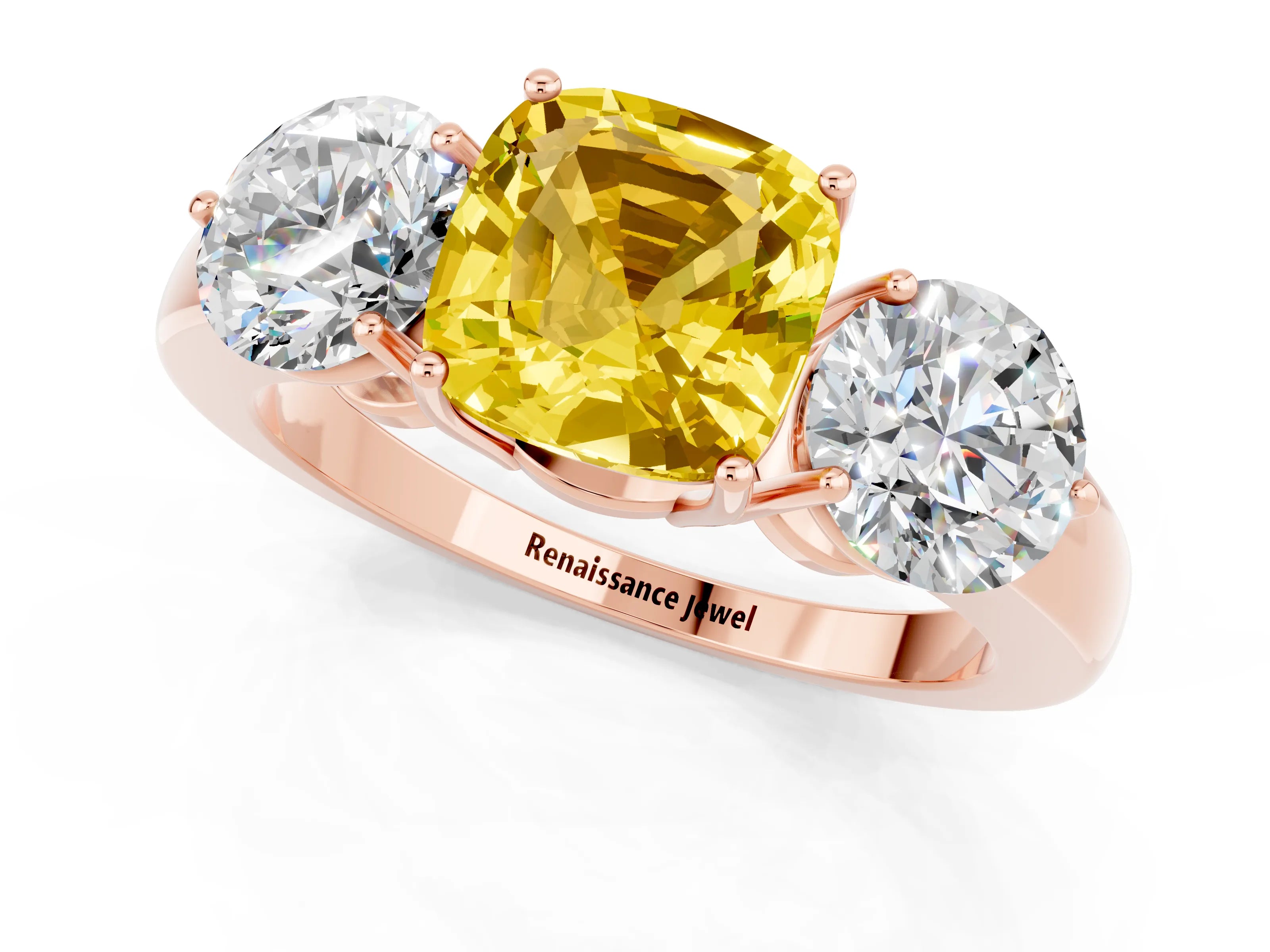 Rose gold Cushion Cut Yellow Sapphire Three-Stone Ring with Prong Setting and Classic Band_1