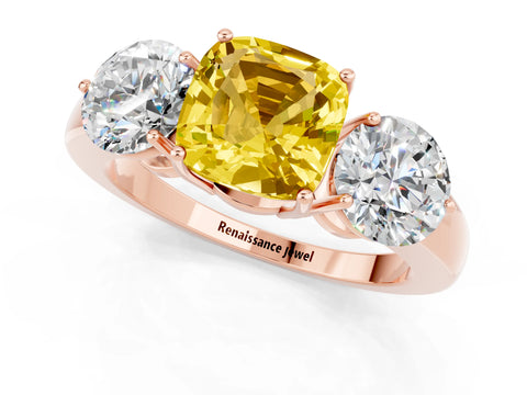 Rose gold Cushion Cut Yellow Sapphire Three-Stone Ring with Prong Setting and Classic Band_1