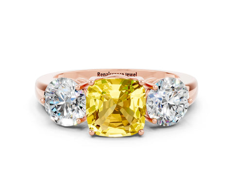 Rose gold Cushion Cut Yellow Sapphire Three-Stone Ring with Prong Setting and Classic Band