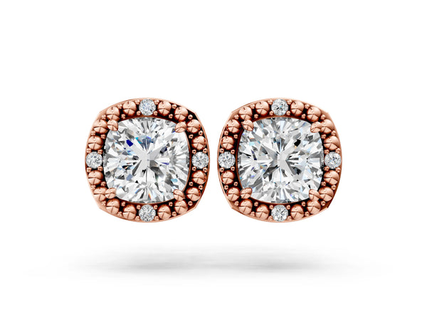 Rose gold Cushion Diamond Beaded Halo Stud Earrings