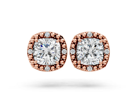 Rose gold Cushion Diamond Beaded Halo Stud Earrings