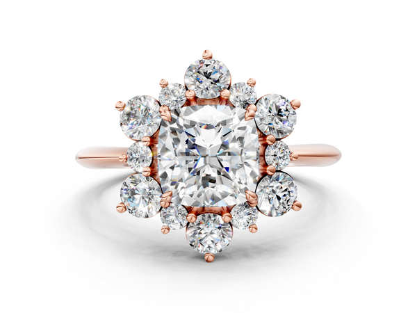 Rose gold Cushion Diamond Cluster Halo Ring with Solitaire Band and Four-Prong Setting