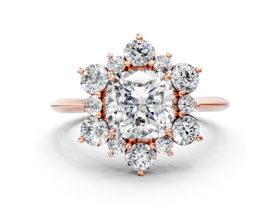 Rose gold Cushion Diamond Cluster Halo Ring with Solitaire Band and Four-Prong Setting
