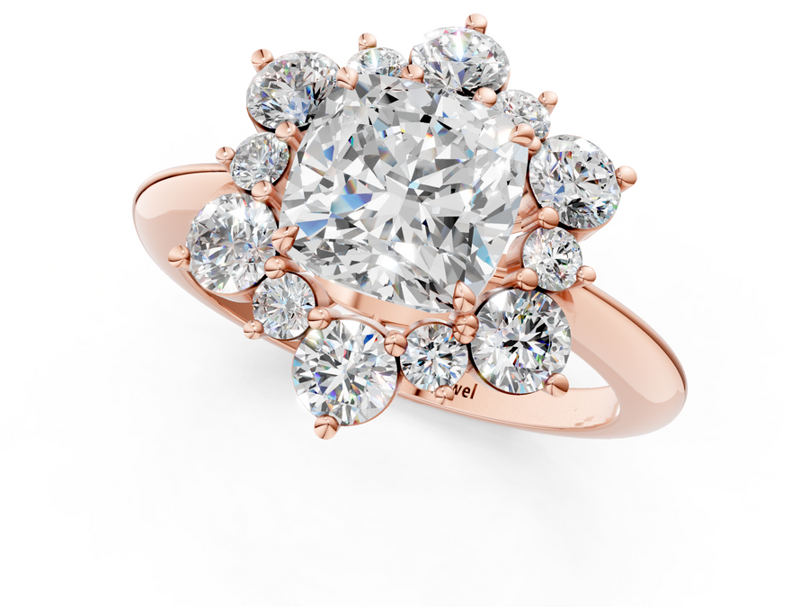 Rose gold Cushion Diamond Cluster Halo Ring with Solitaire Band and Four-Prong Setting