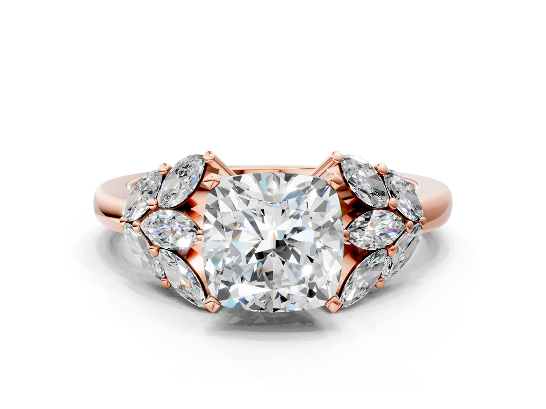 Rose gold Cushion Diamond Cluster Leaf Design Ring with Prong Setting_73