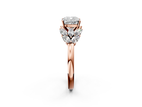 Rose Gold Cushion Cut Cluster Leaf Engagement Ring Setting with Marquise Accents