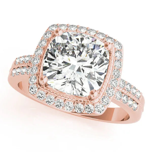 Rose gold Cushion Diamond Double Halo Ring with Split Shank and Four-Prong Setting