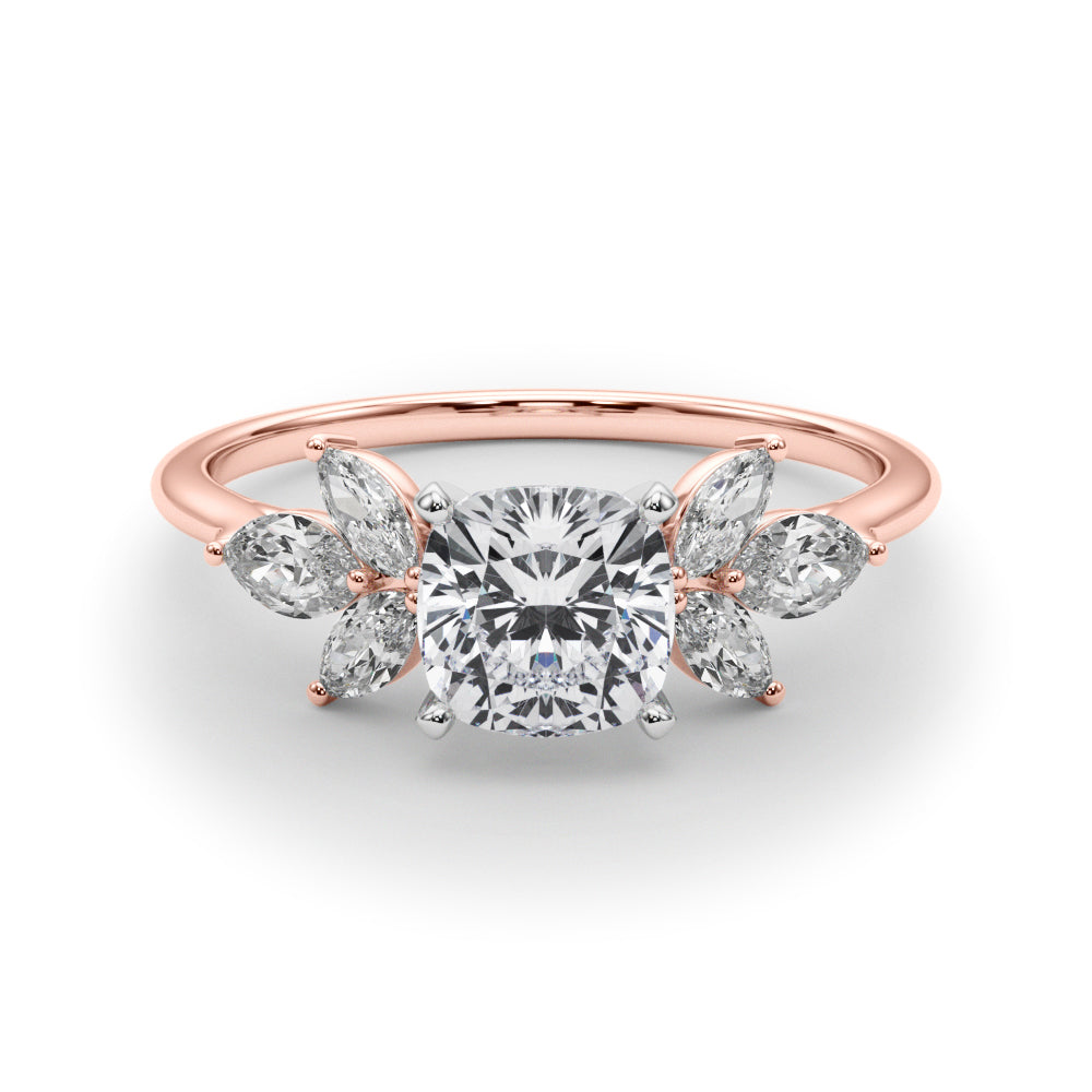 Rose gold Cushion Diamond Floral Cluster Ring with Marquise Side Stones and Six-Prong Solitaire Setting 1