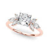 Rose gold Cushion Diamond Floral Cluster Ring with Marquise Side Stones and Six-Prong Solitaire Setting